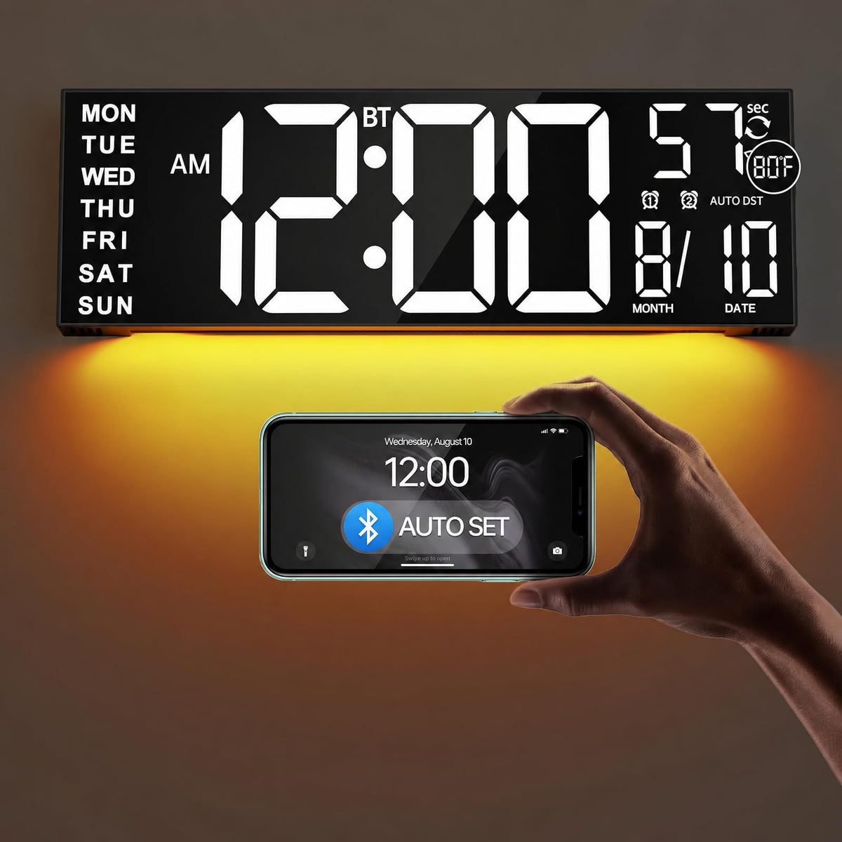 JALL 16.2" Large Digital Wall Clock with Bluetooth Sync for Classroom, RGB Digital Clock Large Display with Auto DST, Wall Clock for Bedroom Gym Office, Led Clock for Seniors (Black)