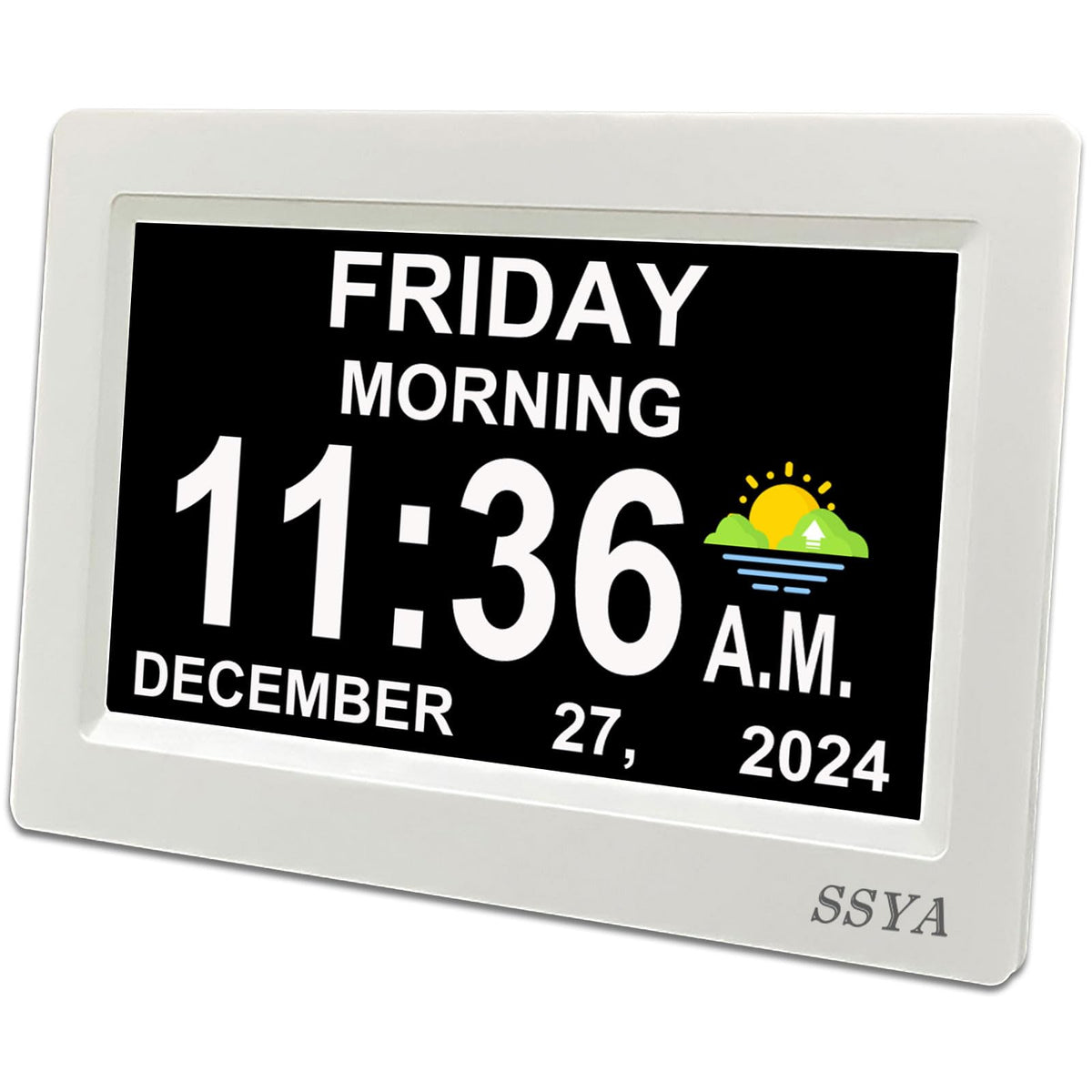 SSYA 7 Inch Calendar Clock - 12 Alarm Options, Level 5 Auto Dimmable Display,Extra Large Impaired Vision Digital Clock with Non-Abbreviated Day & Month (Black)