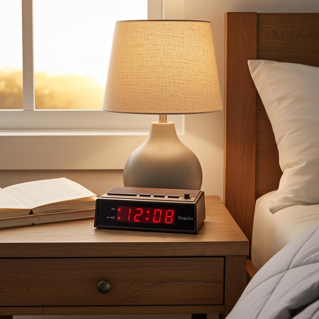 Westclox Retro Wood Style Small Night Table Alarm Clock with Red LED Display, 9-Minute Snooze, Battery Backup, Easy Electric Operation for Bedroom, Home or Office – Woodgrain