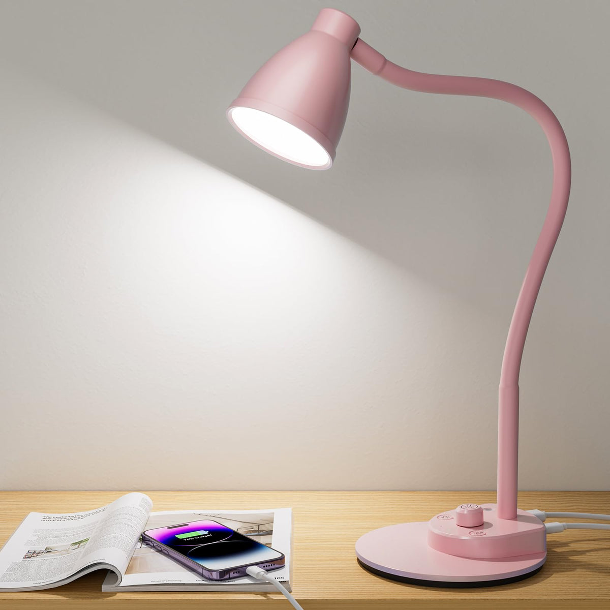 BOHON LED Desk Lamp with USB Charging Port, 3 Color Modes Dimmable, White