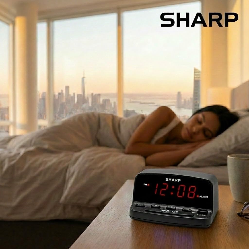 Sharp Digital Alarm Clock with Keyboard Controls, Large Snooze, Red LED