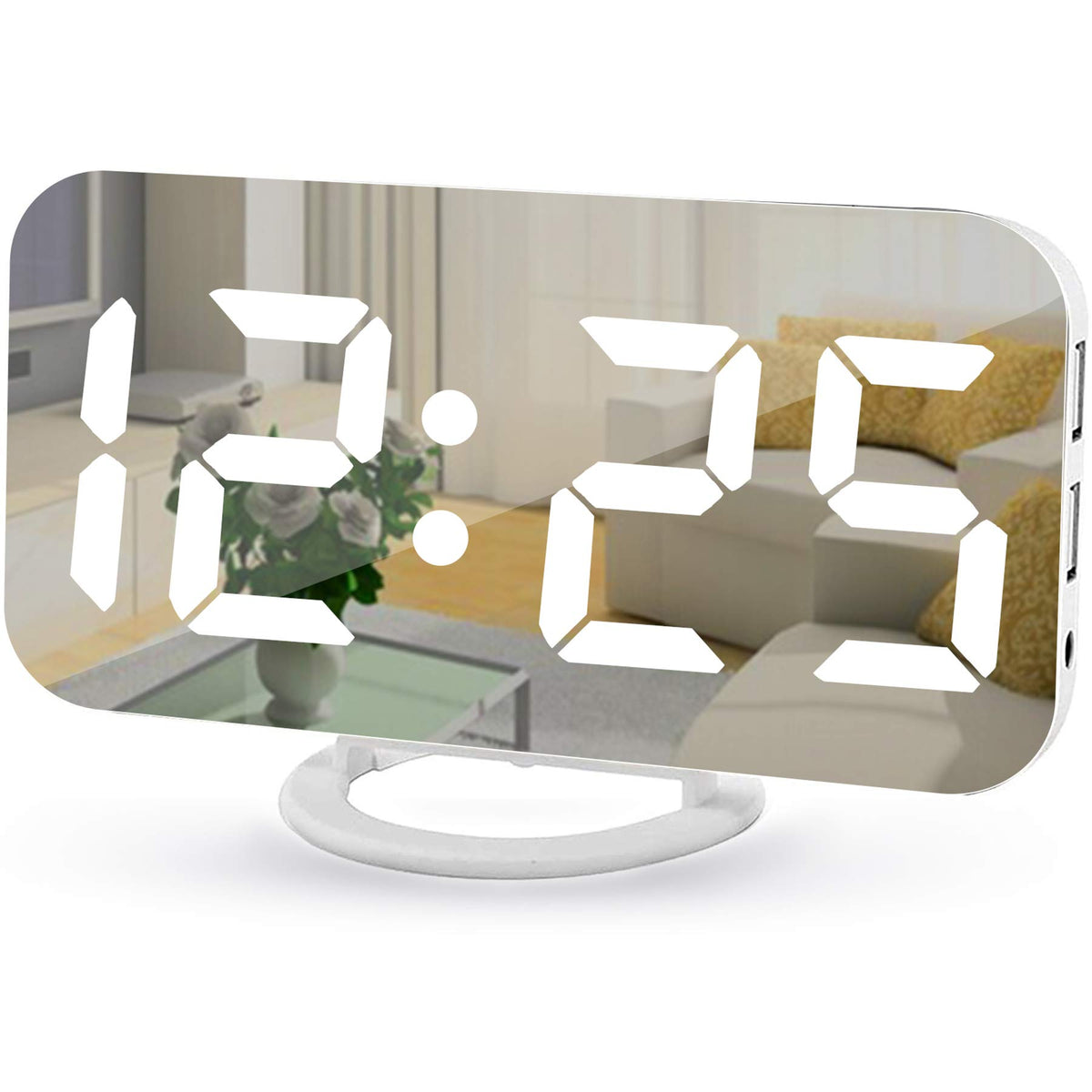 Digital Alarm Clock,7 in LED Mirrored Clocks Large Display,with 2 USB Charger Ports,Auto Dim,Night Mode,Modern Desktop Electronic Clocks for Bedroom Home Office Decor - Gold
