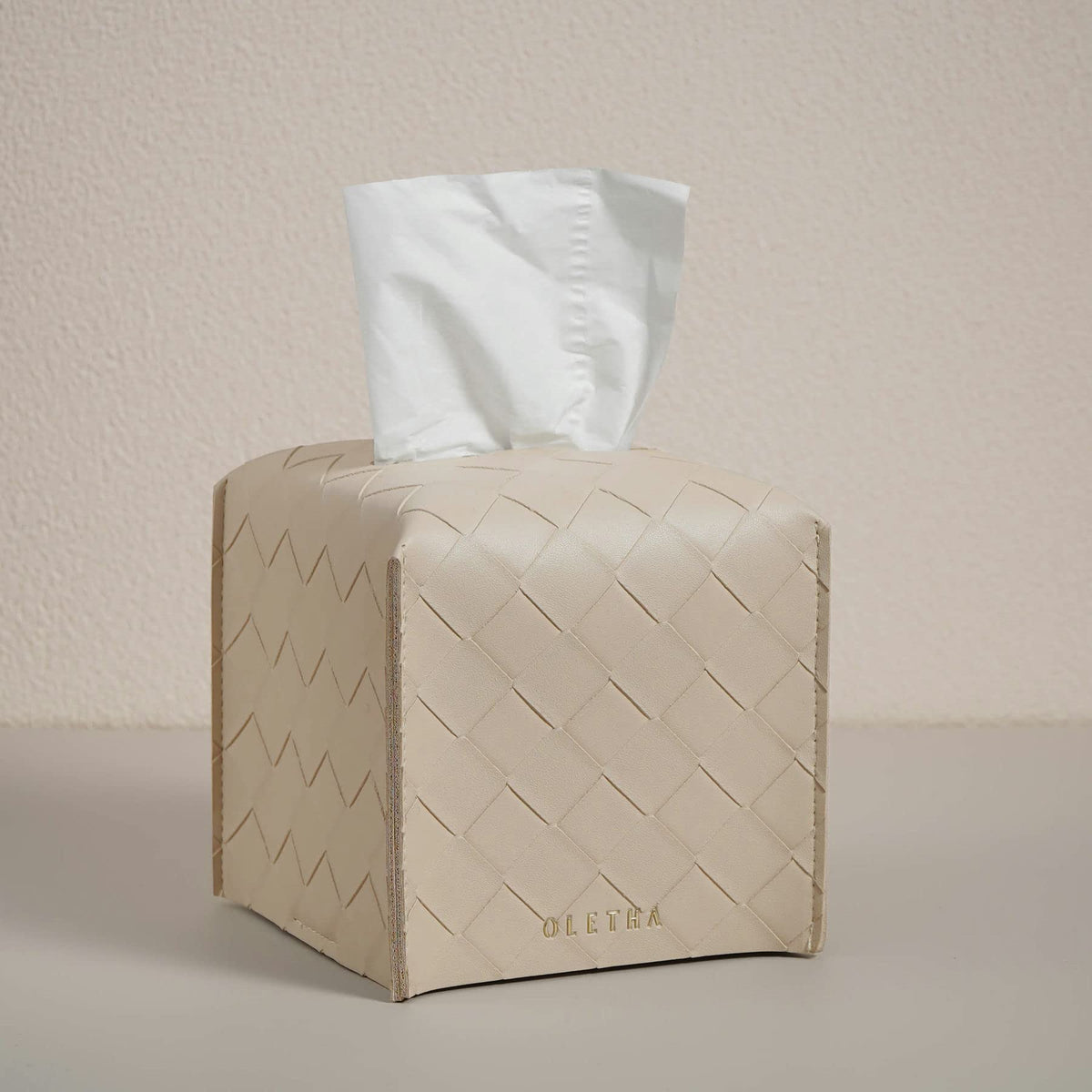 OLETHA Square Tissue Box Cover, Aesthetic Desk Decor, Light Taupe