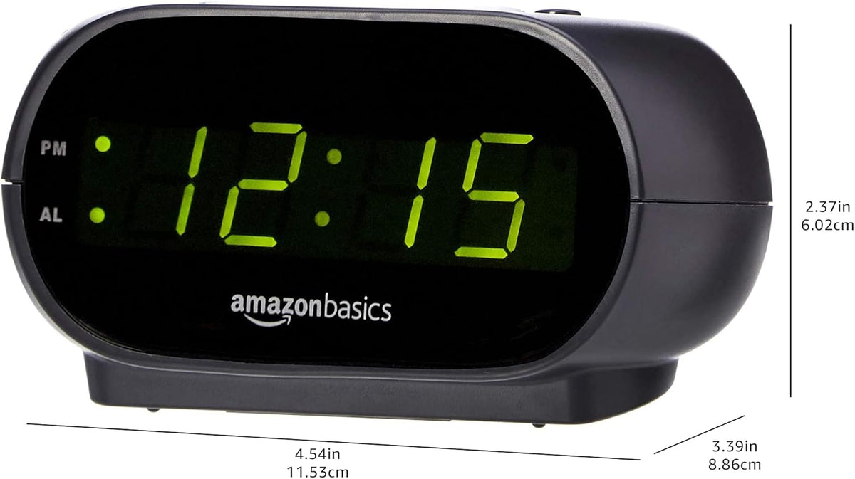 Amazon Basics Small Digital Oval Alarm Clock with LED Display, Nightlight, Snooze Function & Battery Backup, Black, 4.5 x 3.5 x 2.4 Inches