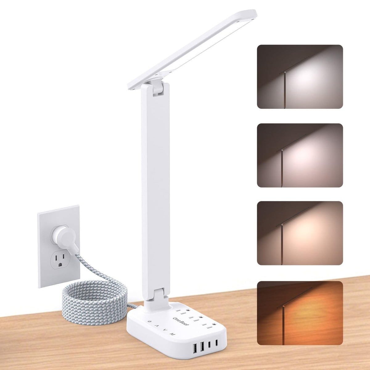 One Beat Small LED Desk Lamp Power Strip 5ft Extension Cord with 3 Outlets 4 USB Ports(2 USB C), 4 Modes, 5 Level Touch Lamp Study Reading Light, Home Office Bedroom College Dorm Room Essentials,White