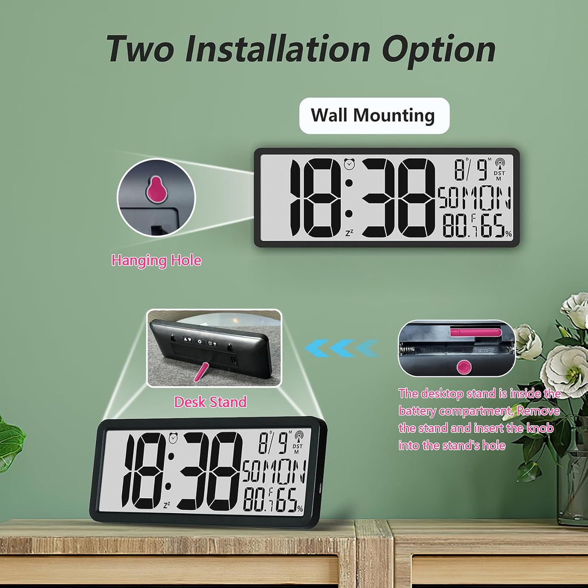 Digital LCD Atomic Desktop Clock, 7.8" Screen with Time, Date, Temperature, Humidity, Alarm, Snooze, DST, Time Zone for Home, Office (No Backlight)