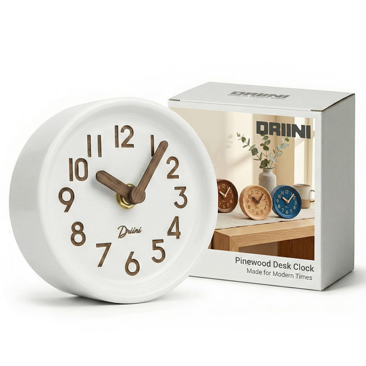 Driini Small, Silent Wooden Analog Desk Clock for Shelf or Table, Dark