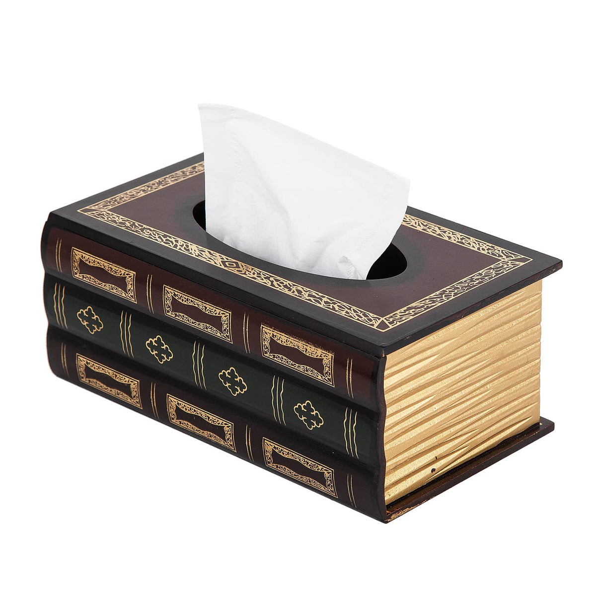 Crafted Classical Retro Wooden Antique Book Tissue Box Cover Square Tissue Holder Dispenser Paper Cover Case Napkin Holder Home Decor for Bathroom Living Room Office car Kitchen (Brown)