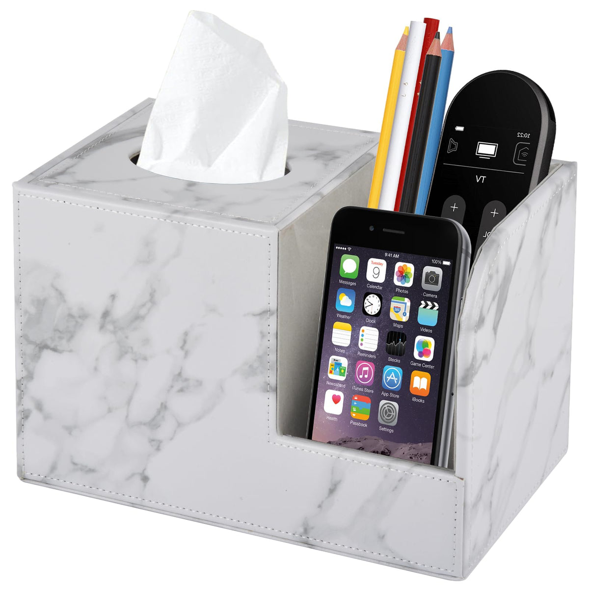 PU Leather Tissue Box Cover Square-Multifunctional Bathroom Tissue Box Holder/Organizer with 2-Compartment,Remote Control Holder,Decorative Tissue Box Covers Cube,Home Office Desktop Storage box,White