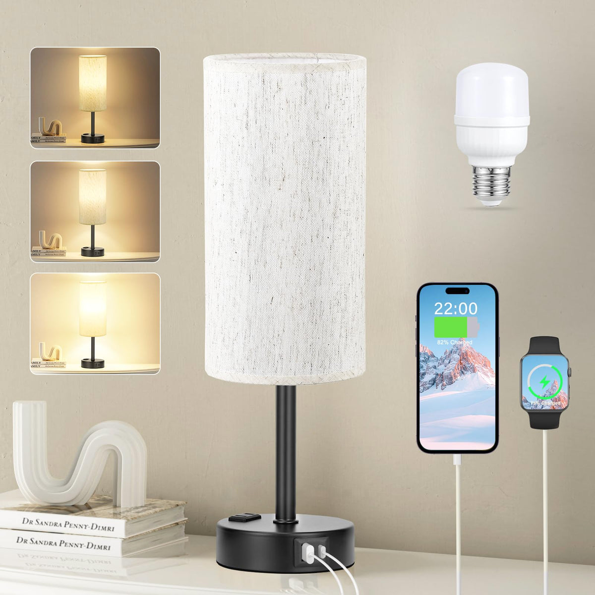 Fenmzee Bedside Table Lamp for Bedroom - Dimmable Touch, USB A+C, AC Outlet