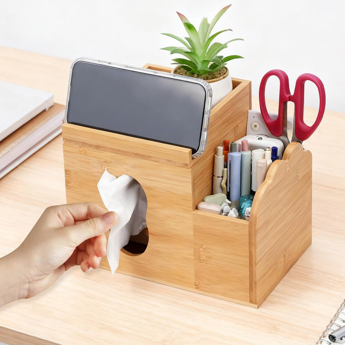 Wooden Tissue Box Cover with Storage Tray, Multifunctional Square Tissue Holder with Storage Remote Control, Makeup Organizer and Phone Holder for Bathroom Desktop Living Room Bedroom