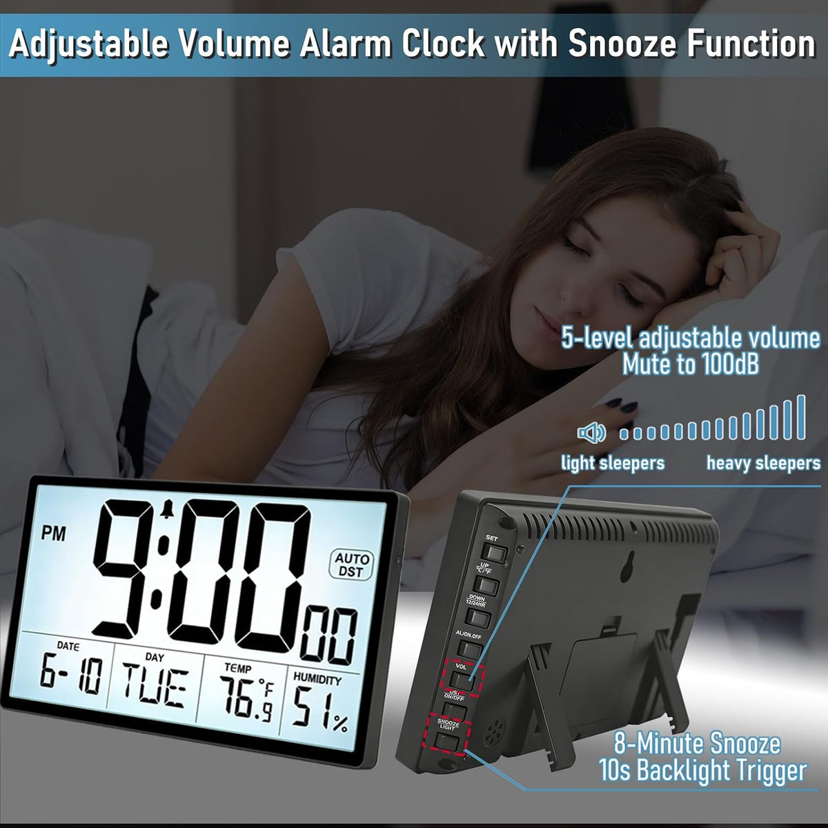 Adjustable Backlight 9'' Narrow Bezel Digital Wall Clock,Wall Mount/Desktop