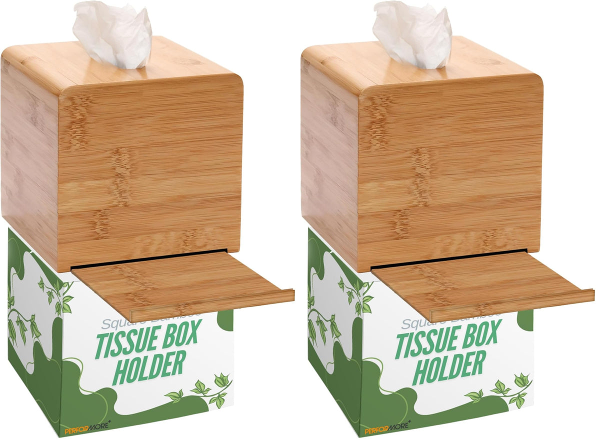 Performore Square Bamboo Tissue Box Cover - Stylish Water-Resistant Wooden Facial Tissue Holder for Bathroom, Office Desk & Nightstand - Compact 6.3" x 5.51" x 5.51" Design