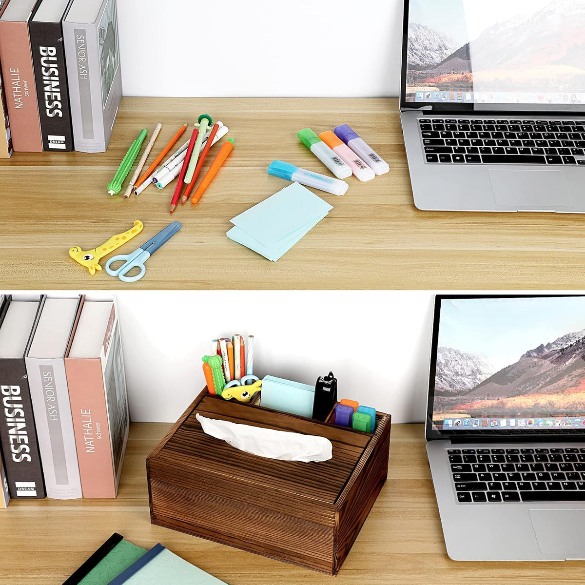 Sumnacon Wood Rectangular Tissue Box Cover - Multifunctional Tissue Holder with Stationery Remote Control Box, Decorative Tissue Pen Remote Organizer for Desktop Livingroom Bedroom Home Office, Yellow