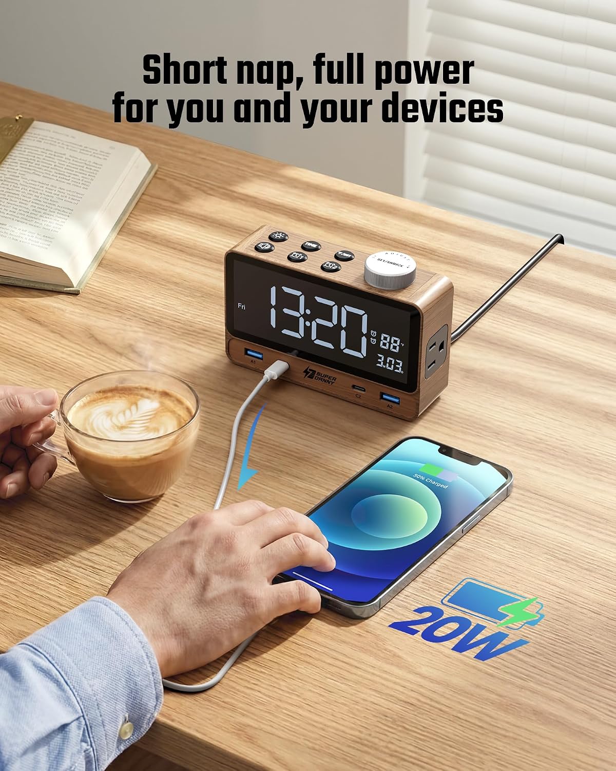 SUPERDANNY Alarm Clock with PD 20W, 4 USB Ports, Power Strip 2AC Outlets