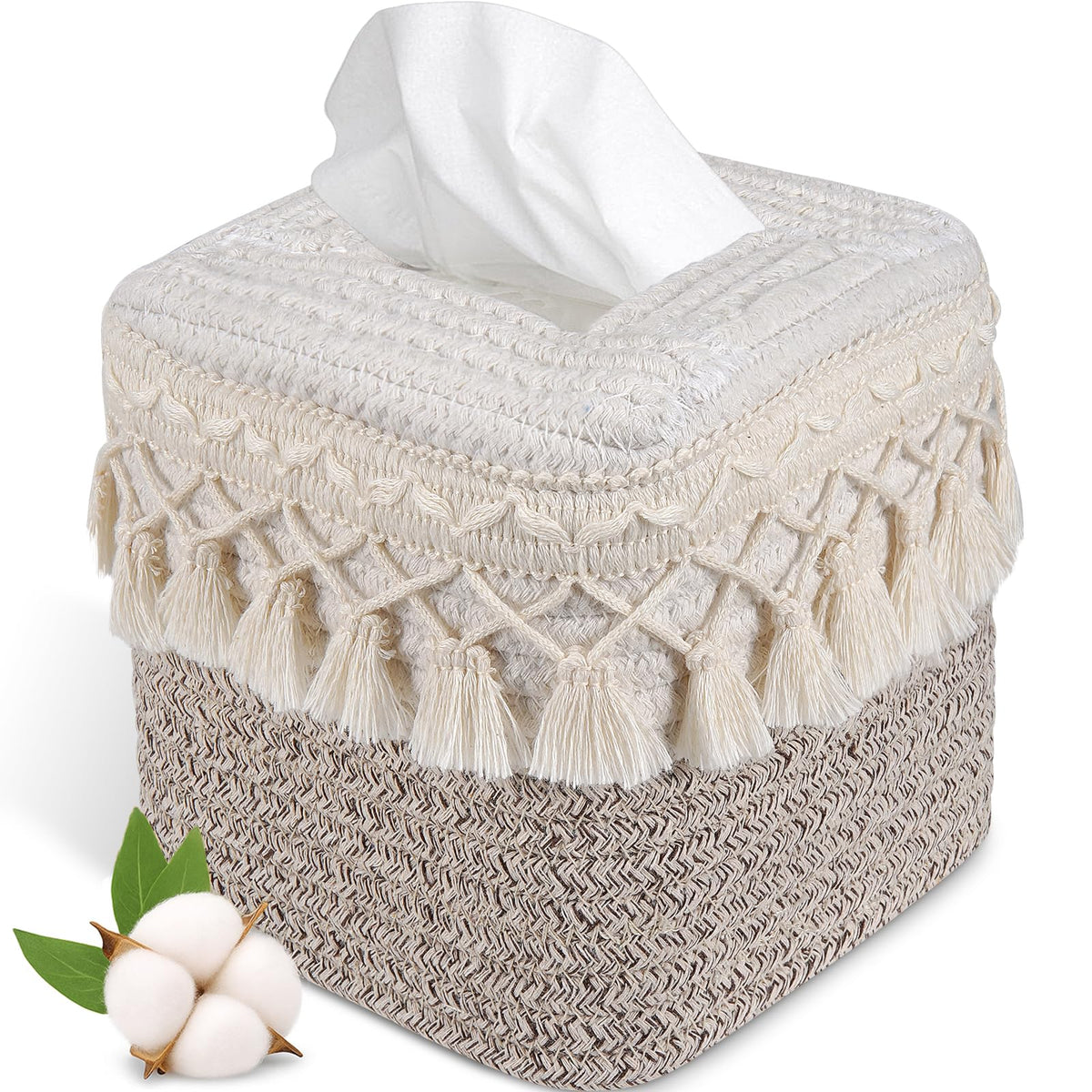 Boho Tissue Box Cover: Natural Handwoven Square Cover for Bathroom
