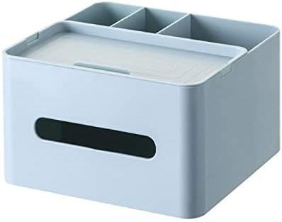 HornTide 5-in-1 Tissue Box Holder with Storage Caddy, 7 Inch Plastic Multifunction Countertop Organizer, 3X Compartments 1x Top Tray, Ideal for Office, Home, Vanity, Makeup & Stationery (Blue)