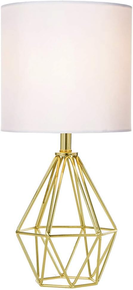 Gold Modern Hollow Out Base Bedroom Small Table Lamp,Bedside Nightstand Lamp with Geometric Metal Base White Fabric Shade,Cute Desk Lamp for Kids Living Room