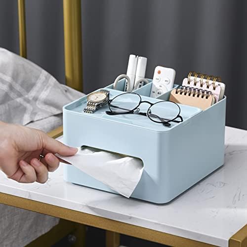 HornTide 5-in-1 Tissue Box Holder with Storage Caddy, 7 Inch Plastic Multifunction Countertop Organizer, 3X Compartments 1x Top Tray, Ideal for Office, Home, Vanity, Makeup & Stationery (Blue)