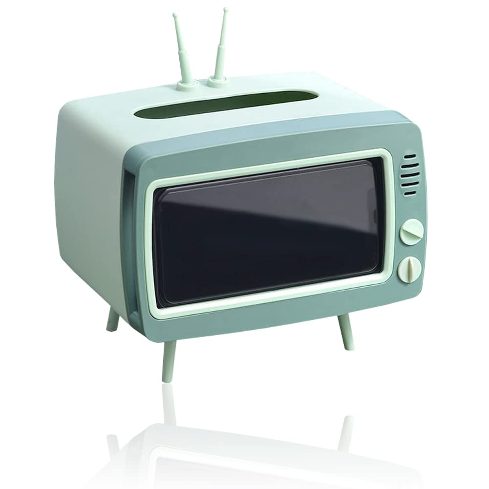 Fun Cute TV Tissue Box Holder,Multi Functional Square Tissue Box Cell Phone Holder for All Smartphone Toilet Paper Napkin Box Desktop Decoration for Room Bathroom Kitchen Dining (Green)