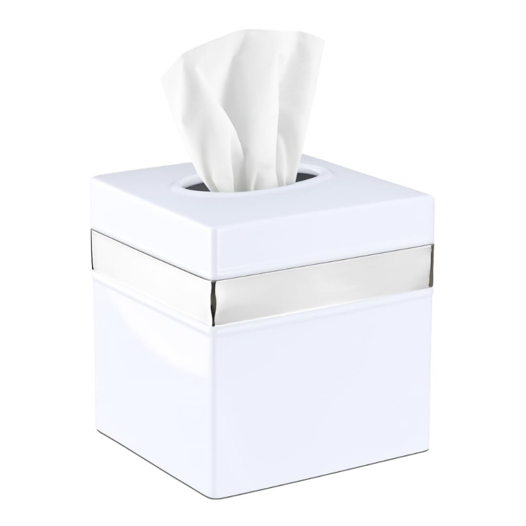 Monarch Abode Tissue Box Cover Square – Handcrafted Border Embossed Pewter Metal Tissue Holder Box for Bathroom Accessory, Aesthetic Decorative Facial Napkin Cube for Modern Home Decor