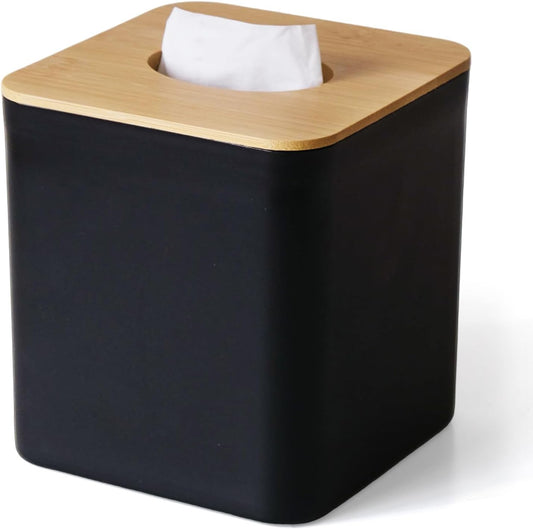 Tissue Box Cover Square, Modern Black Facial Tissue Holder with Bamboo Lid