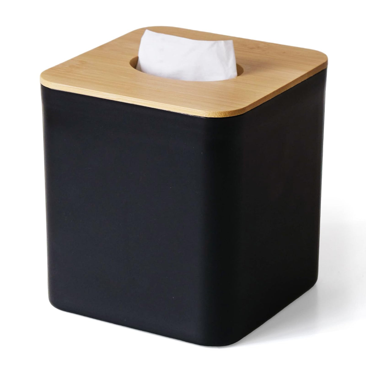 Tissue Box Cover Square, Modern Black Facial Tissue Holder with Bamboo Lid
