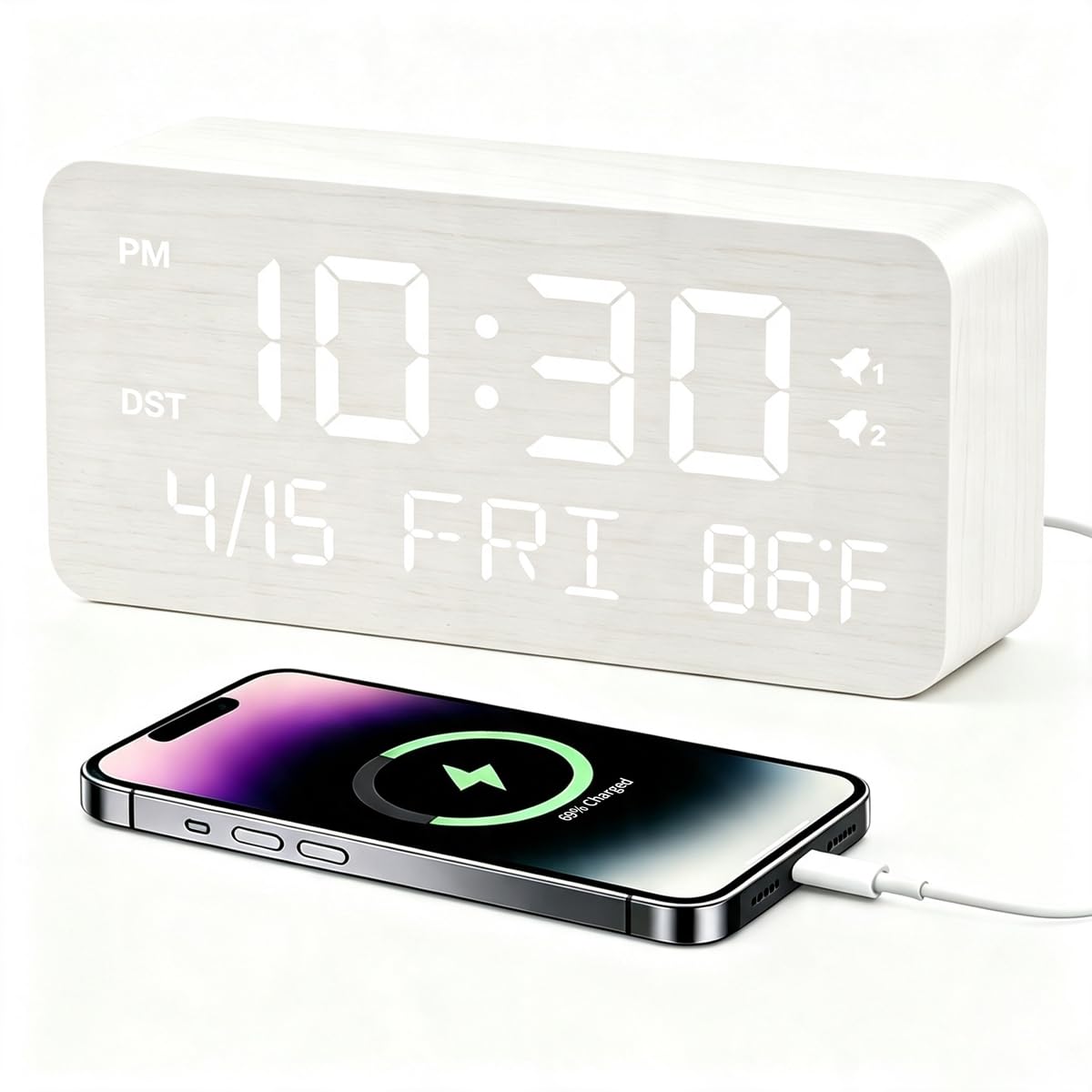 Premium Brown Wooden Digital Alarm Clock with Wireless Phone Charger, Dual USB Charging Ports, Dimmable LED Display, Date and Day of Week, Small Digital Desk Clock for Bedroom Nightstand Bedside Table