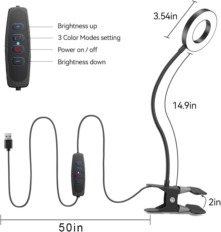 LED Desk Lamp Clip on Light with 3 Color Modes 10 Brightness Ring/Clamp Light 360° Adjustable Neck Dimmable Eye Protection Desk Lamps for Home Office