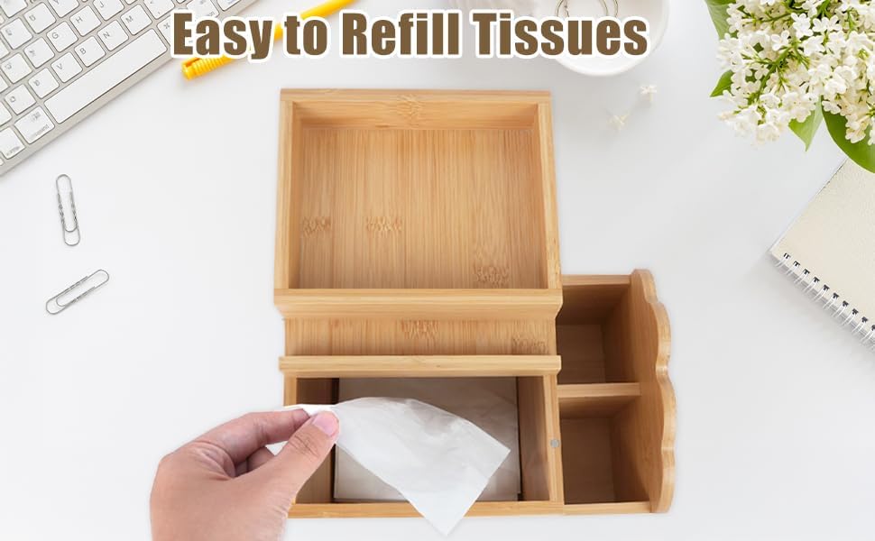 Tissue Box Cover with Storage Tray, Bamboo Multifunctional Square Tissue Holder with Makeup Organizer and Phone Holder, Remote Control Holder for Bathroom Desktop Dinner Table Bedroom