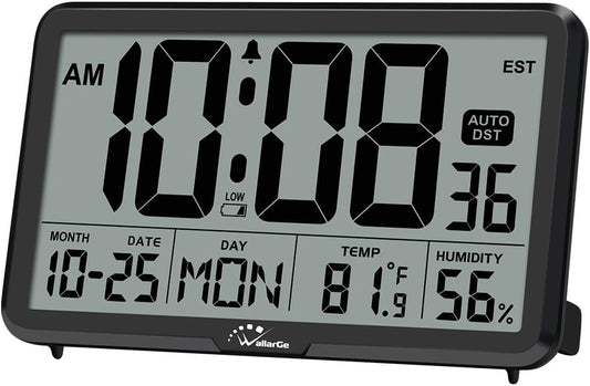 WallarGe Auto Set Digital Wall Clock Battery Operated, Auto DST