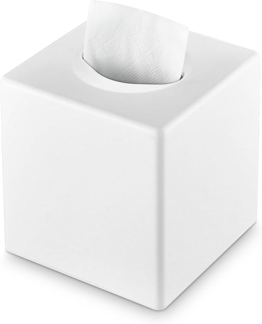 Y-in Hand Tissue Box Cover, Square Facial Tissue Holder with Bottom, White