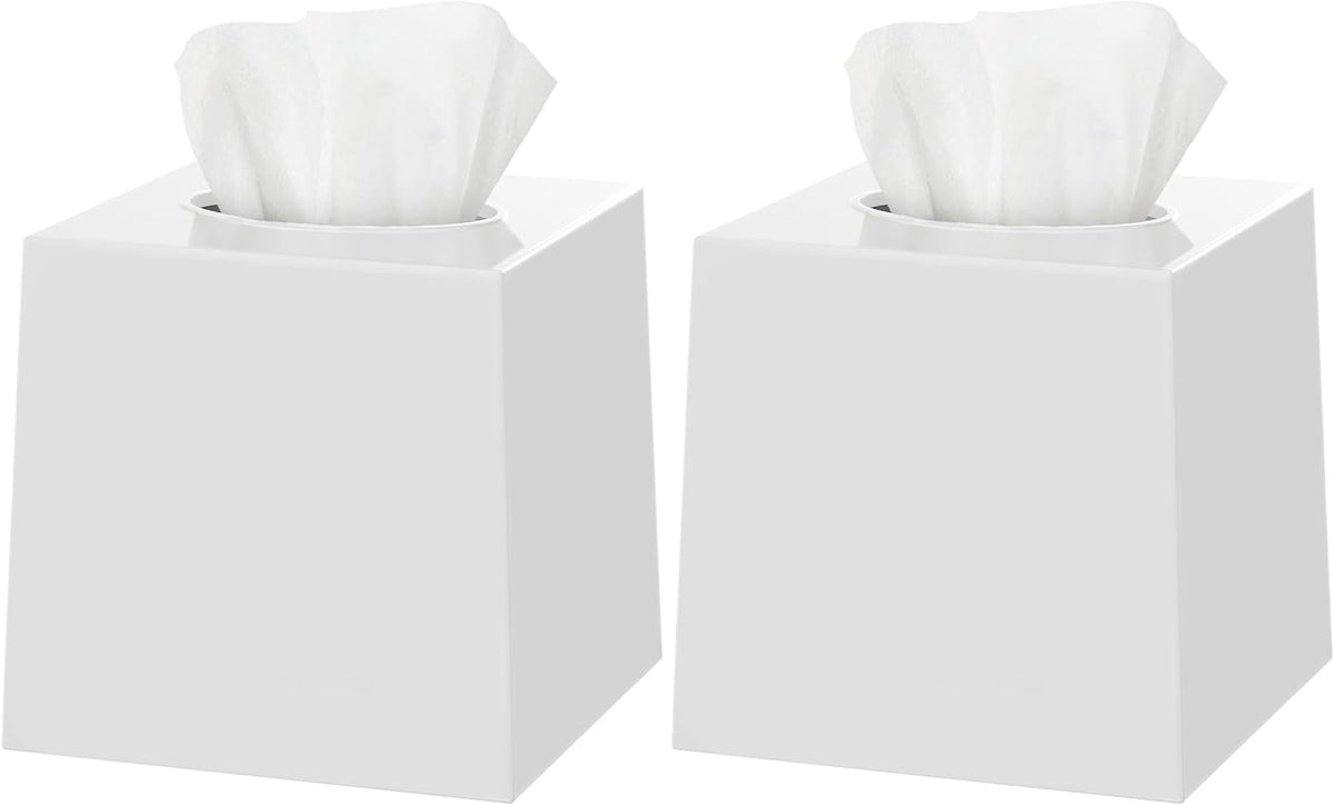 2 Pack White Tissue Box Cover – Square Tissue Box Holder for White Bathroom Accessories Countertop, Decorative Tissue Cover and Square Cube Holder for Modern Home, Office or Dresser Décor