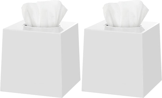 2 Pack White Tissue Box Cover – Square Tissue Box Holder for White Bathroom Accessories Countertop, Decorative Tissue Cover and Square Cube Holder for Modern Home, Office or Dresser Décor