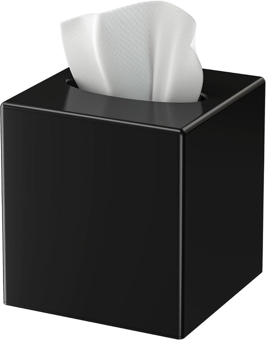 Tissue Box Cover, Square Plastic Tissue Box Holder with Anti Slip Base, Modern Decor Facial Napkin Holder for Bathroom Vanity Countertop, Bedroom Dresser, Night Stand, Parlors, Offices, Black