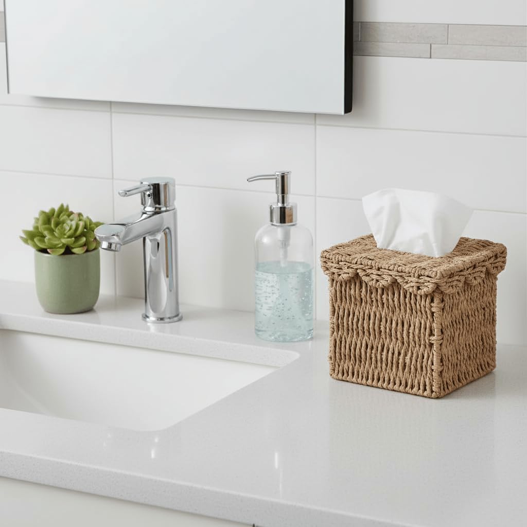 CubesLand Square Wicker Tissue Box Cover W/Scalloped Lid for Home Decor
