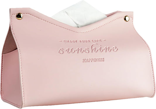 Tissue Box Cover Rectangle, Premium PU Leather Minimalist Tissue Holder with Snap Closure, Modern Decorative Tissue Dispenser for Bathroom Vanity, Bedroom Nightstand, Living Room & Office (Pink)