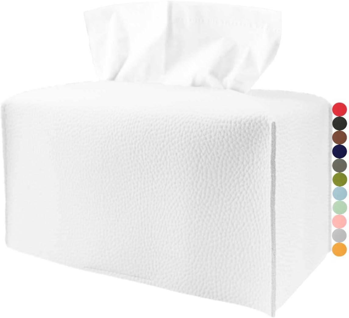 Extra Large Tissue Box Cover Rectangular – Plus Size Tissue Box Holder with Bottom Belt [JESMINI, White] Decorative Faux Leather Long Rectangle Tissue Holder for Bathroom/Home/Car/Office Decor