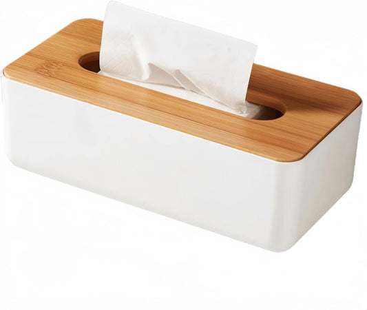 Tissue Box with Bamboo Cover, Plastic Tissue Organizer, Bathroom Tissue Dispenser for Home, Bedroom, Office, Living Room, 8.1 × 4.5 × 3.1 in (White)