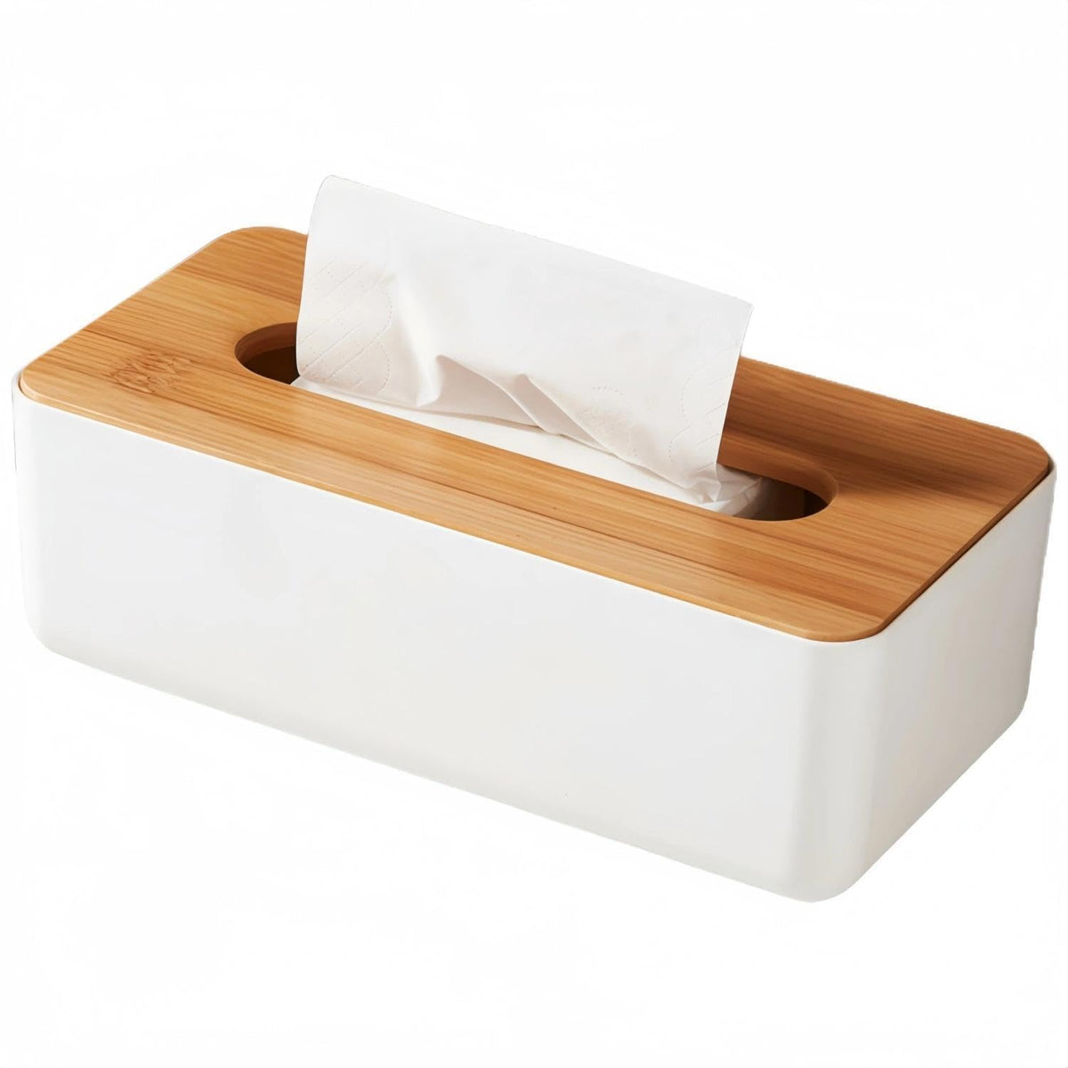 Tissue Box with Bamboo Cover, Plastic Tissue Organizer, Bathroom Tissue Dispenser for Home, Bedroom, Office, Living Room, 8.1 × 4.5 × 3.1 in (White)