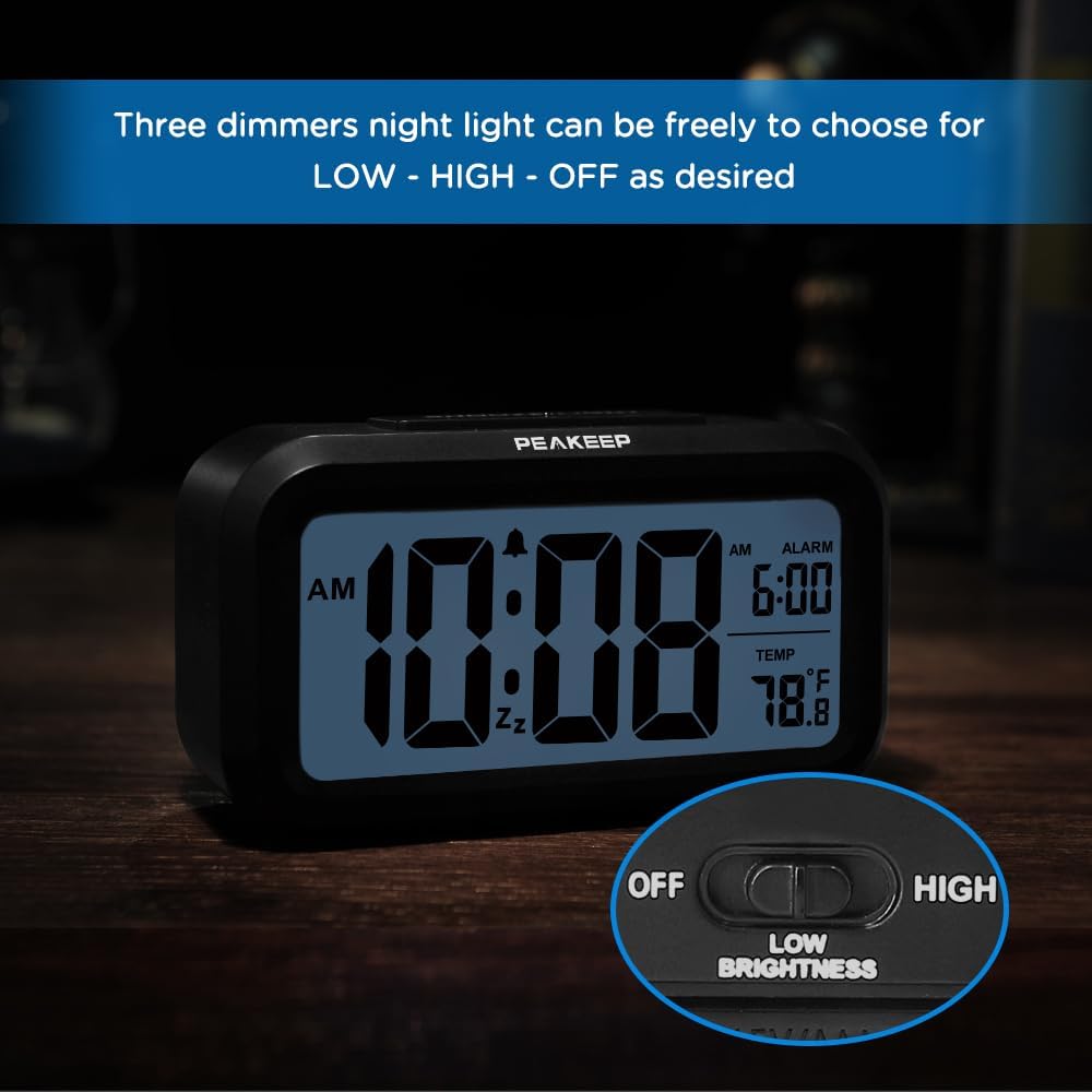 Peakeep Night Light Digital Alarm Clock Battery Operated Indoor Temperature