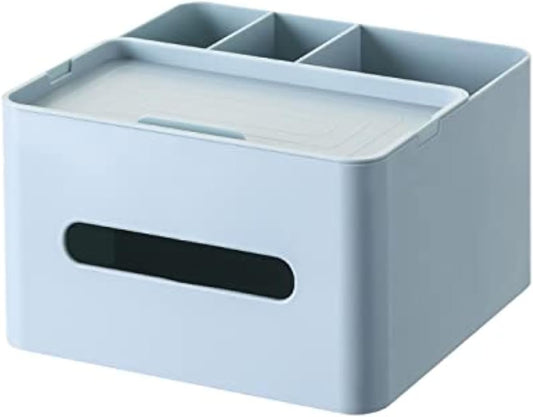 HornTide 5-in-1 Tissue Box Holder with Storage Caddy, 7 Inch Plastic Multifunction Countertop Organizer, 3X Compartments 1x Top Tray, Ideal for Office, Home, Vanity, Makeup & Stationery (Blue)