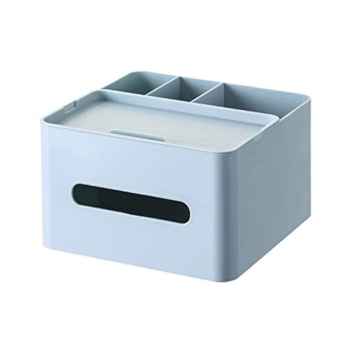 HornTide 5-in-1 Tissue Box Holder with Storage Caddy, 7 Inch Plastic Multifunction Countertop Organizer, 3X Compartments 1x Top Tray, Ideal for Office, Home, Vanity, Makeup & Stationery (Blue)