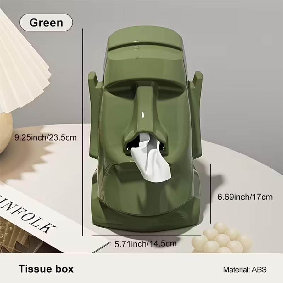 Creative Moai Tissue Box Holder with Headphone Holder, Suitable for Living Room, Bedroom and Other Desktop Storage Boxes, Green,Cream White, Black. (Medieval Green)
