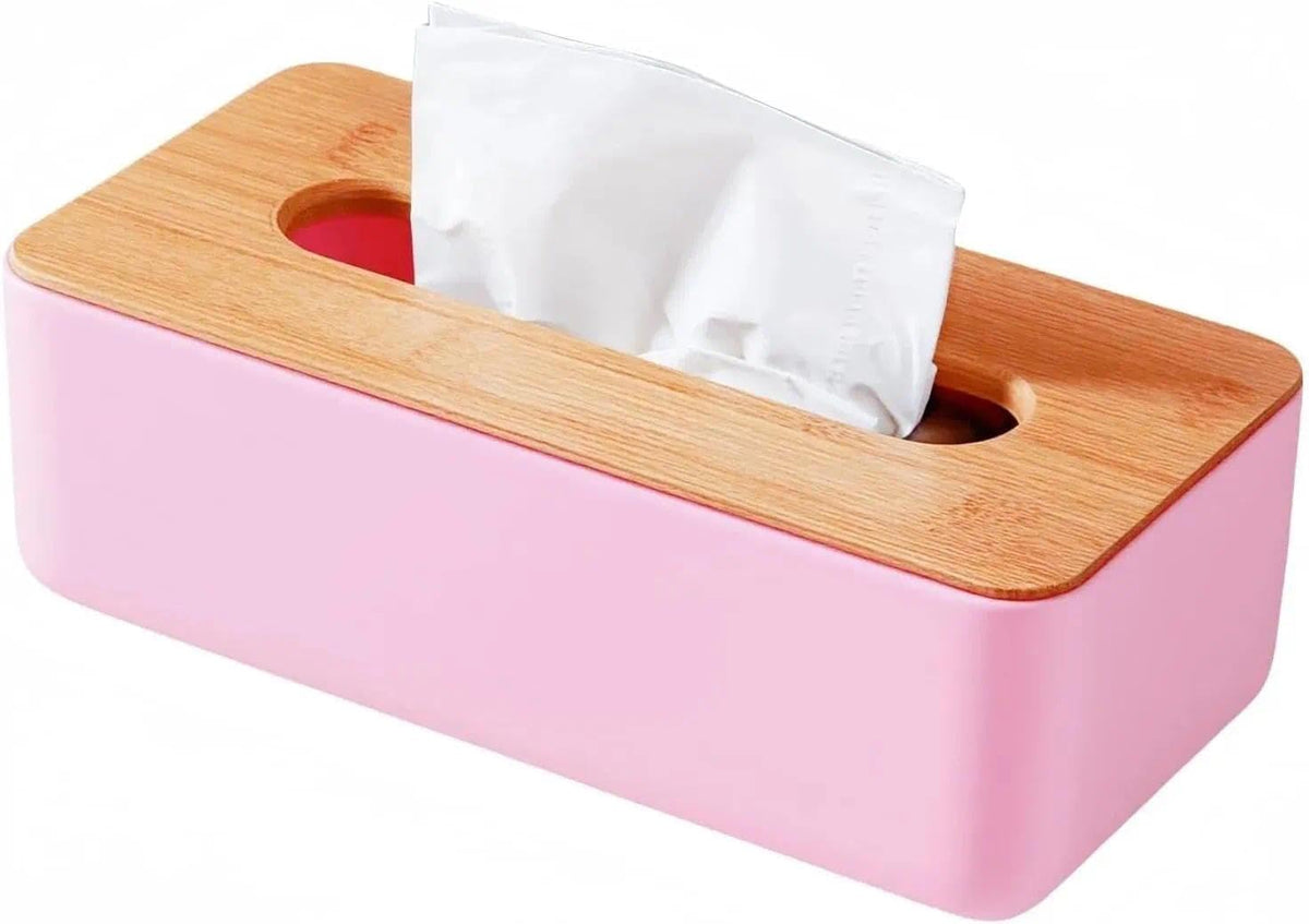 Tissue Box with Bamboo Cover, Plastic Tissue Organizer, Bathroom Tissue Dispenser for Home, Bedroom, Office, Living Room, 8.1 × 4.5 × 3.1 in (White)