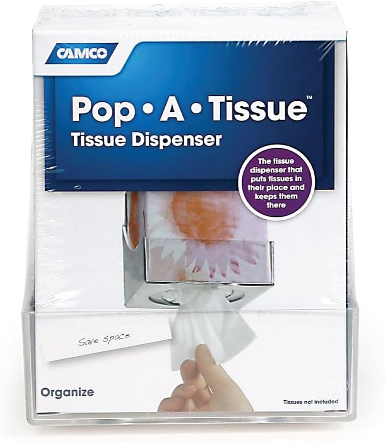 Camco Pop-A-Tissue- Tissue Box Holder- Mounts to Walls and Cabinets, Dispenses Tissue and Holds Tissue Boxes Upward or Downward- Perfect for RVs and Trailers, Easy Install - Clear (57101)