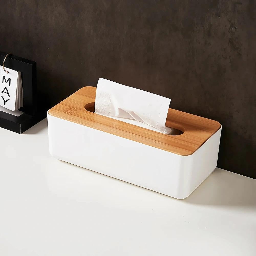 Tissue Box with Bamboo Cover, Plastic Tissue Organizer, Bathroom Tissue Dispenser for Home, Bedroom, Office, Living Room, 8.1 × 4.5 × 3.1 in (White)