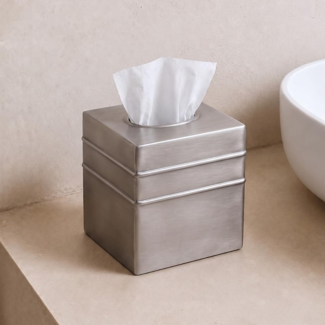 Monarch Abode Tissue Box Cover Square – Handcrafted Border Embossed Pewter Metal Tissue Holder Box for Bathroom Accessory, Aesthetic Decorative Facial Napkin Cube for Modern Home Decor