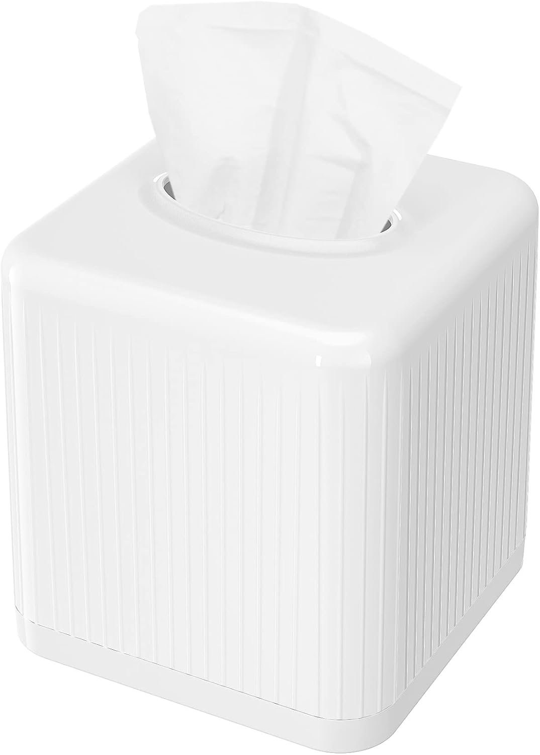 Livelab Tissue Box Cover with Base, Square Plastic Tissue Box Holder Decorative Tissue Cover Modern Cube Facial Tissue Dispenser for Bathroom Vanity Countertop, Living Room, Bedroom, Office - White