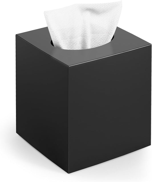 Tissue Box Cover, Square Plastic Tissue Holder with Non-Slip Base, Black